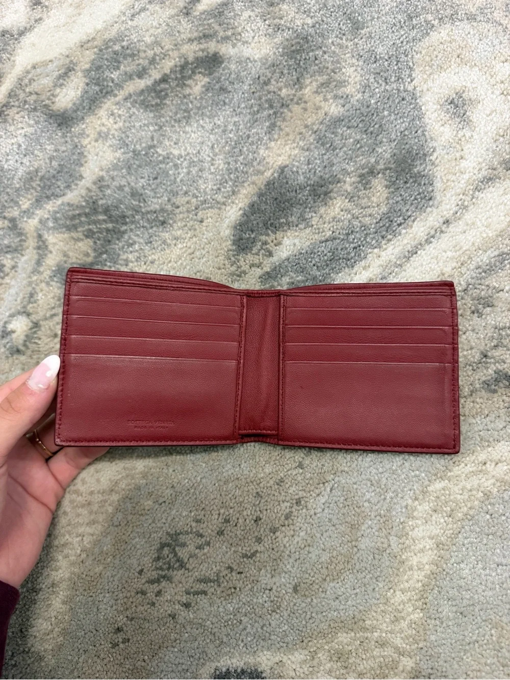 Bottega Veneta Mens Bifold Wallet in Teal with Burgundy Trim